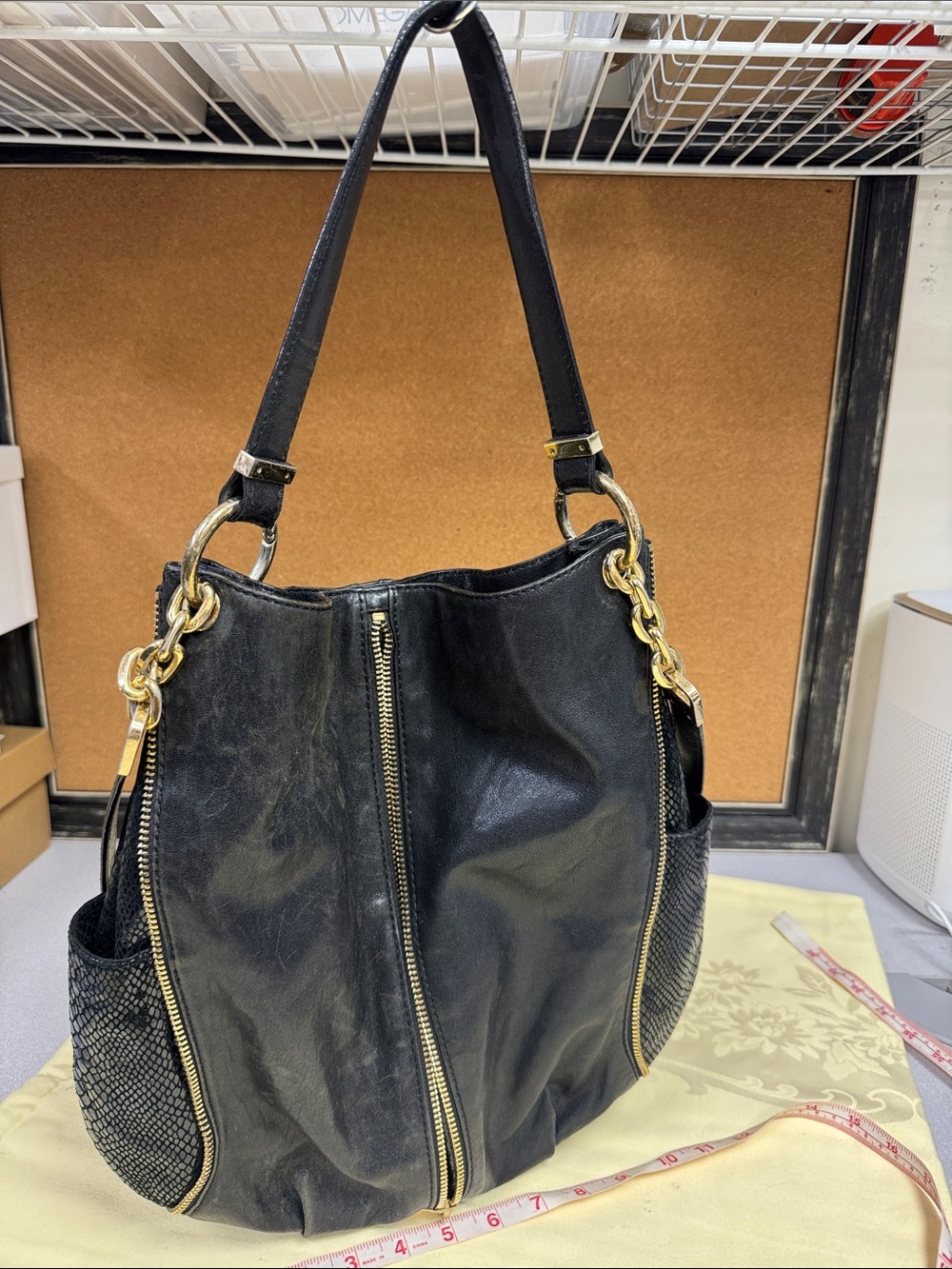 MK Black Leather Shoulder Tote Bag with Gold Hardware